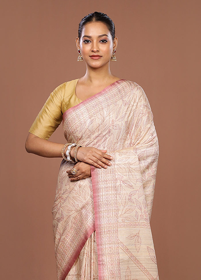 White Tussar Silk Saree With Blouse Piece