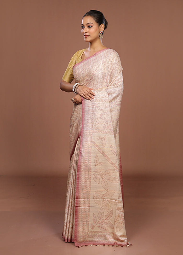 White Tussar Silk Saree With Blouse Piece