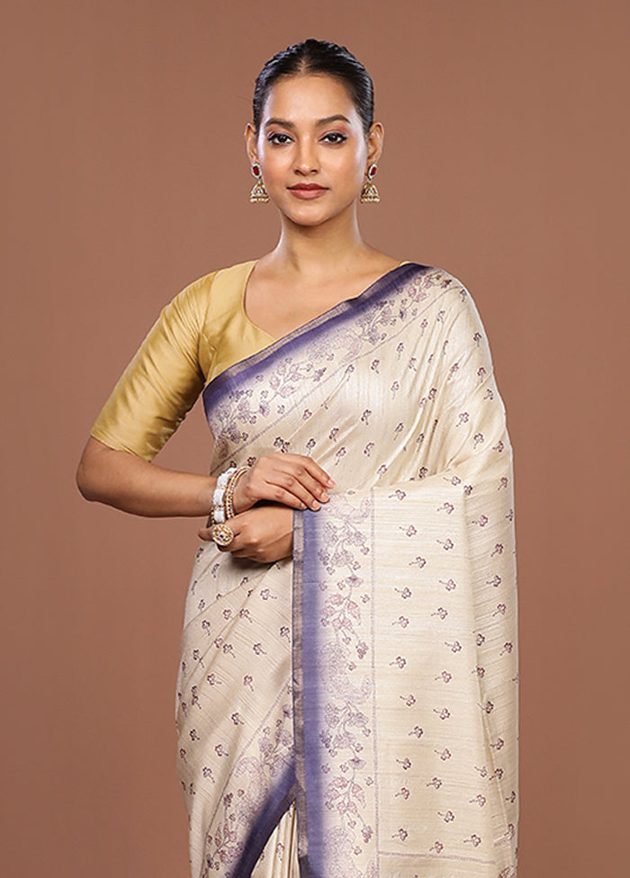 White Tussar Silk Saree With Blouse Piece