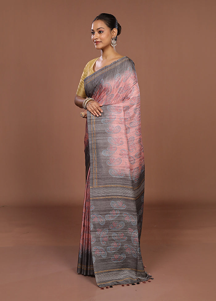 Pink Tussar Silk Saree With Blouse Piece