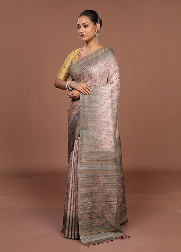 White Tussar Silk Saree With Blouse Piece