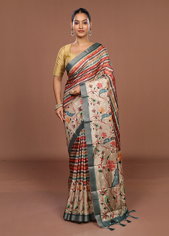 Multicolor Tussar Silk Saree With Blouse Piece