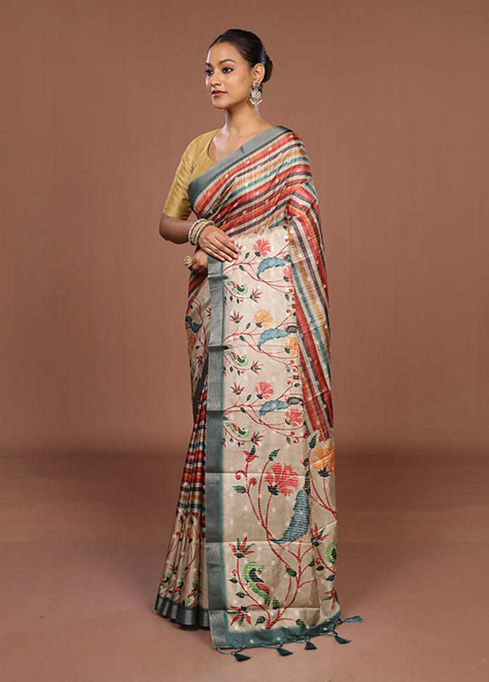 Multicolor Tussar Silk Saree With Blouse Piece