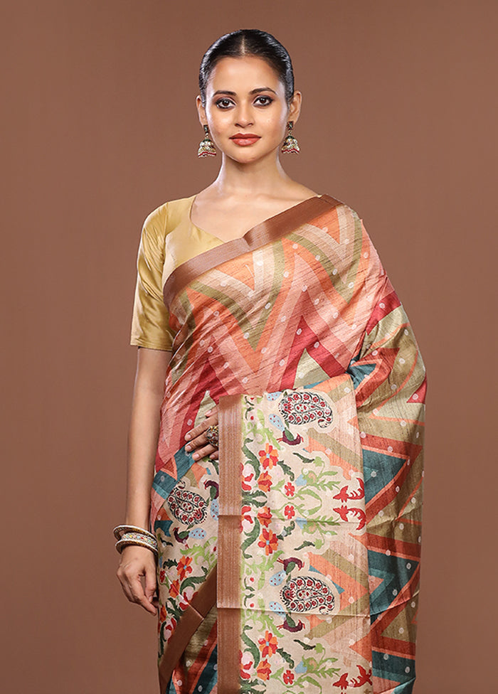 Multicolor Tussar Silk Saree With Blouse Piece