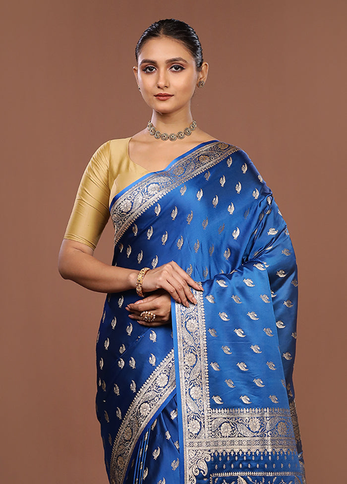 Blue Banarasi Silk Saree With Blouse Piece