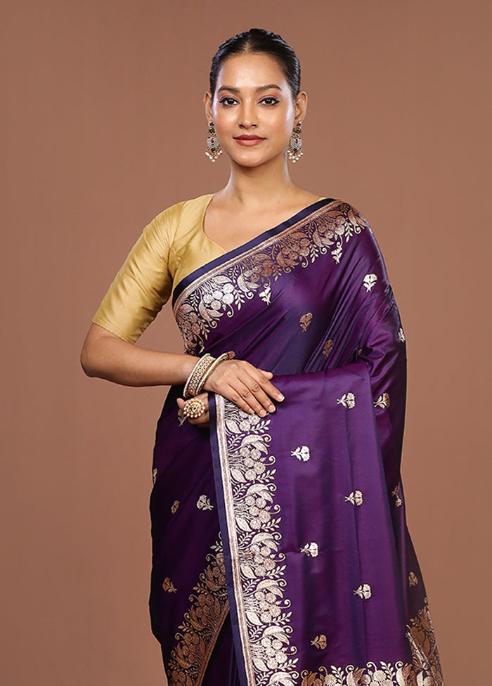Purple Banarasi Silk Saree With Blouse Piece
