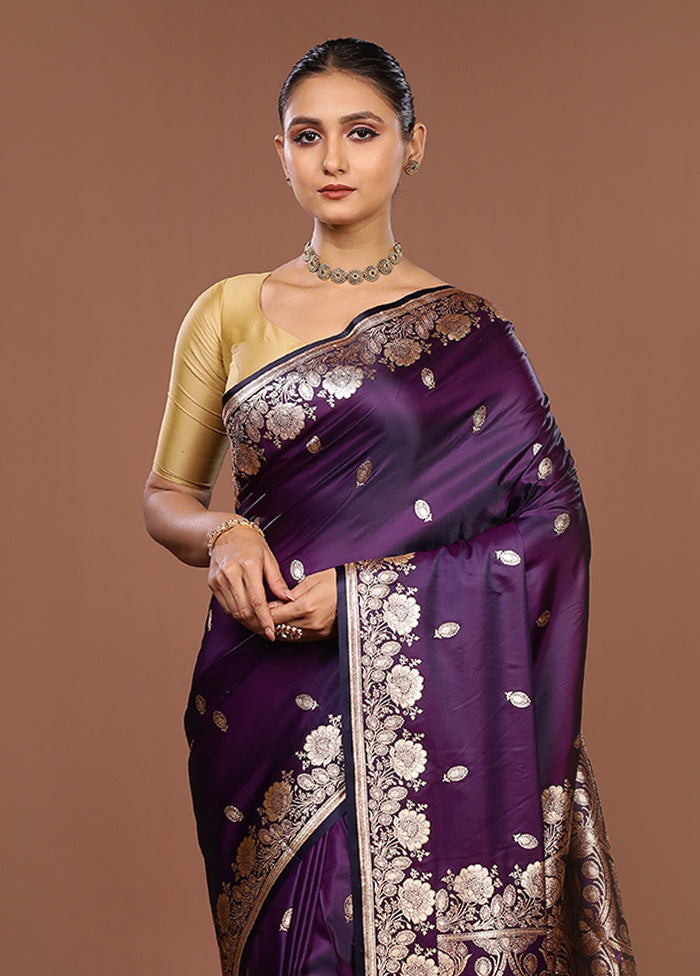 Purple Banarasi Silk Saree With Blouse Piece