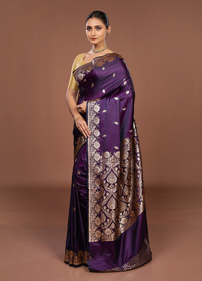 Purple Banarasi Silk Saree With Blouse Piece