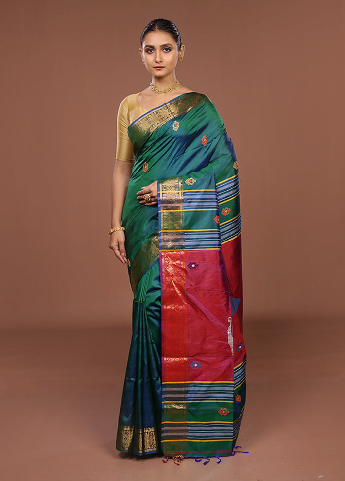 Multicolor Handloom Kanjivaram Pure Silk Saree With Blouse Piece