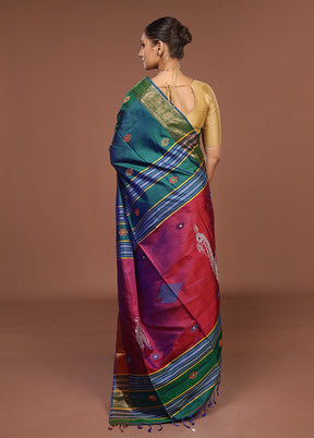Multicolor Handloom Kanjivaram Pure Silk Saree With Blouse Piece