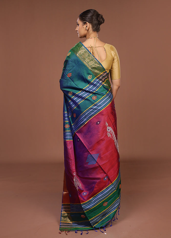 Multicolor Handloom Kanjivaram Pure Silk Saree With Blouse Piece