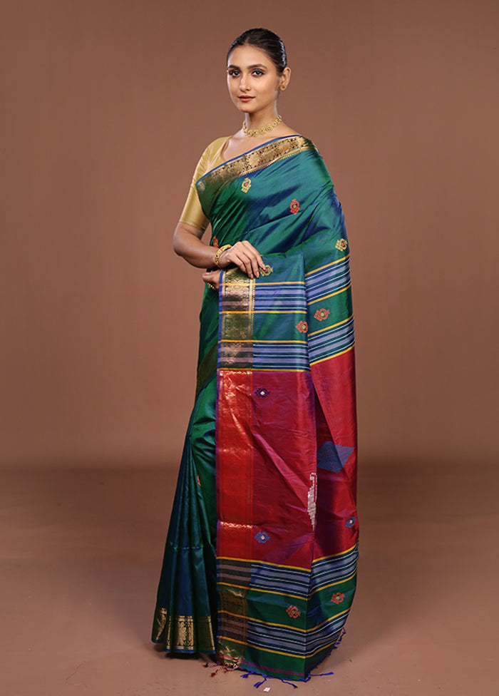 Multicolor Handloom Kanjivaram Pure Silk Saree With Blouse Piece