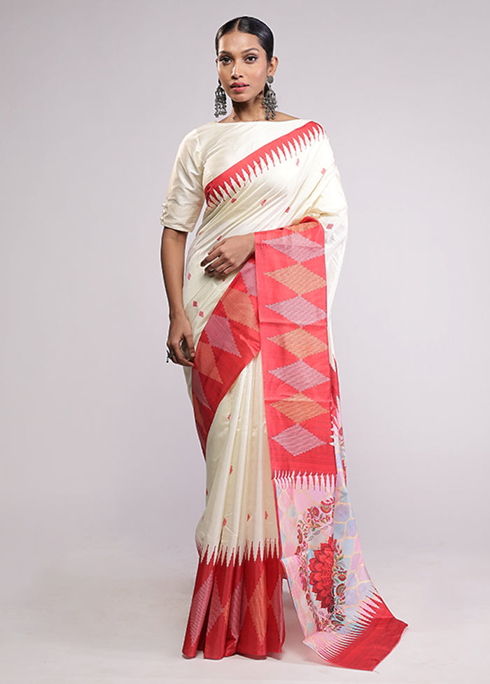 White Dupion Silk Saree With Blouse Piece
