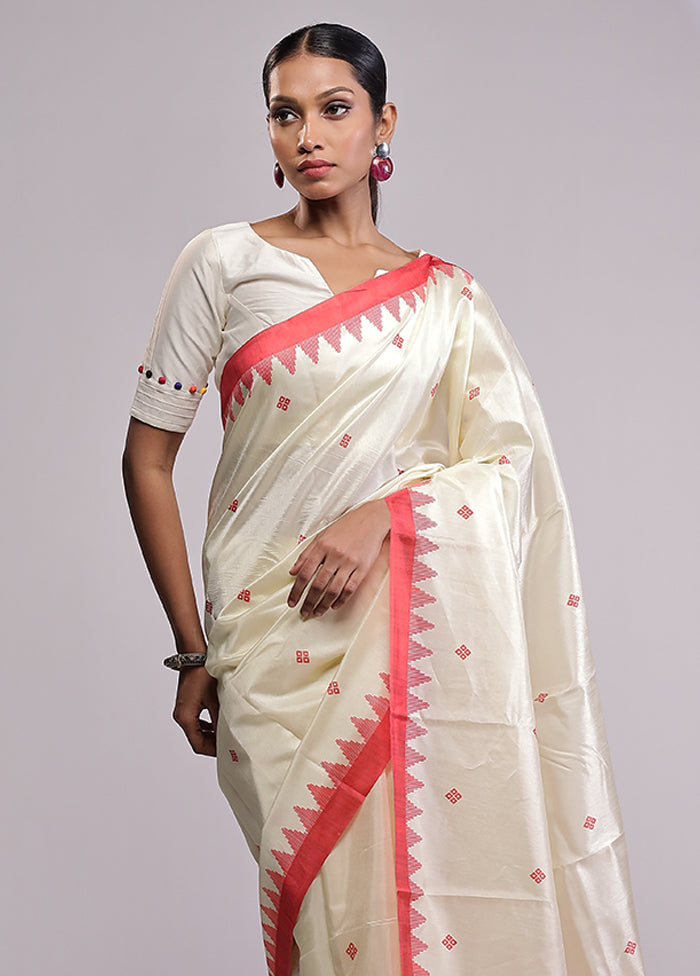 White Dupion Silk Saree With Blouse Piece