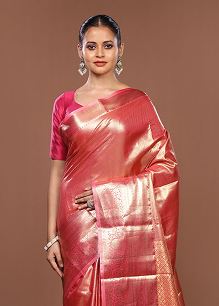 Pink Kanjivaram Silk Saree With Blouse Piece