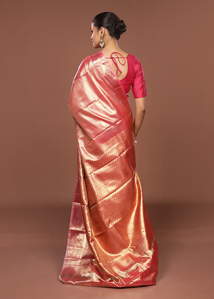 Pink Kanjivaram Silk Saree With Blouse Piece