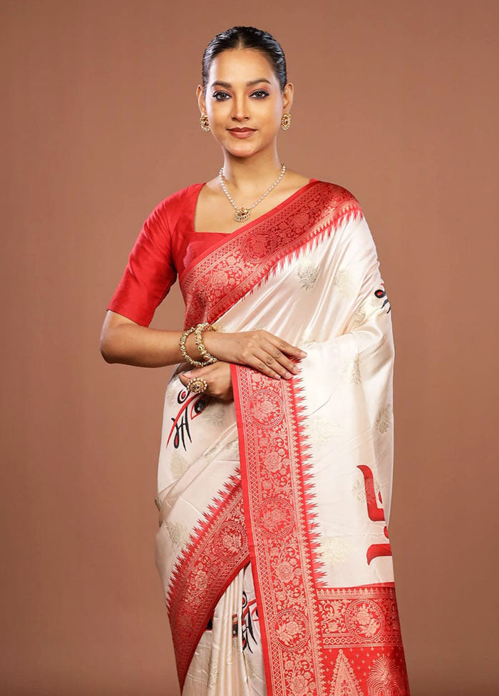 Red & White Dupion Silk Saree With Blouse Piece