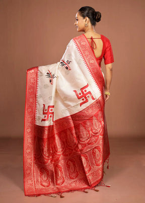 Red & White Dupion Silk Saree With Blouse Piece