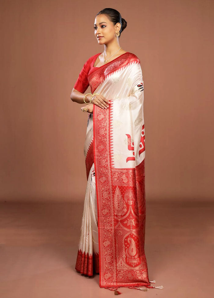 Red & White Dupion Silk Saree With Blouse Piece