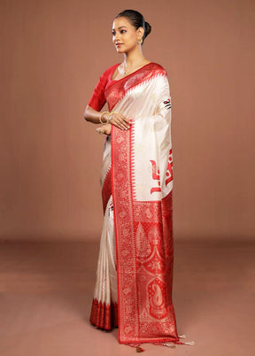 Red & White Dupion Silk Saree With Blouse Piece