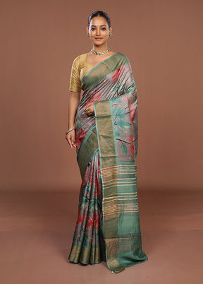 Grey Handloom Tussar Pure Silk Saree With Blouse Piece