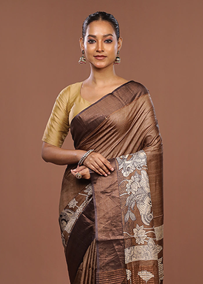 Cream Handloom Tussar Pure Silk Saree With Blouse Piece