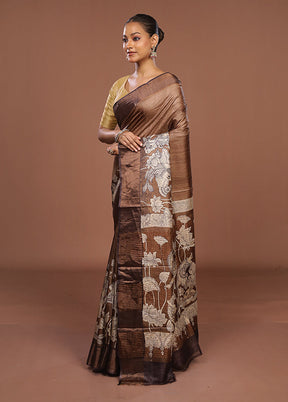 Cream Handloom Tussar Pure Silk Saree With Blouse Piece