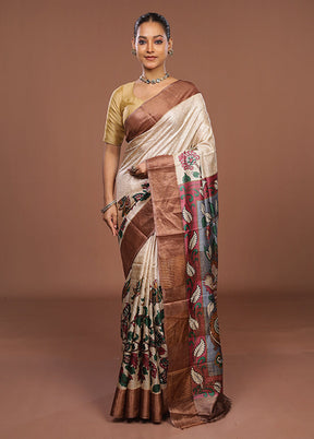 Cream Handloom Tussar Pure Silk Saree With Blouse Piece