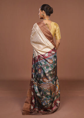 Cream Handloom Tussar Pure Silk Saree With Blouse Piece