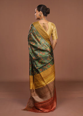 Green Handloom Tussar Pure Silk Saree With Blouse Piece