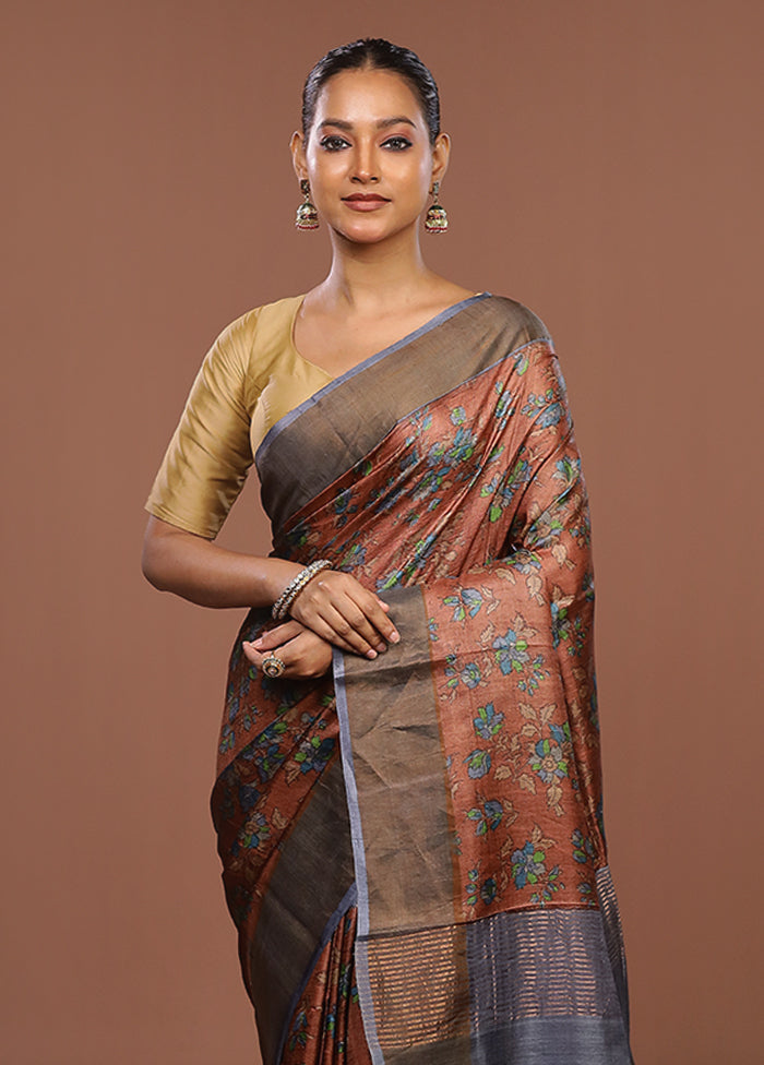 Rust Handloom Tussar Pure Silk Saree With Blouse Piece