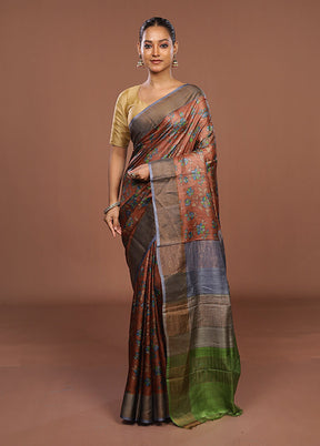 Rust Handloom Tussar Pure Silk Saree With Blouse Piece