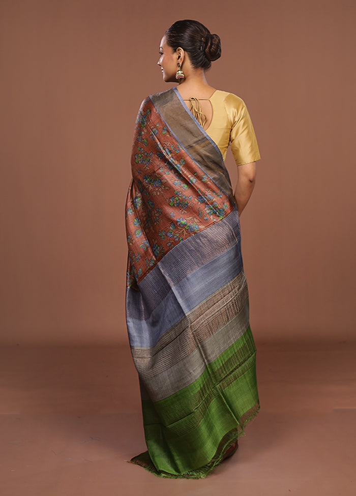 Rust Handloom Tussar Pure Silk Saree With Blouse Piece