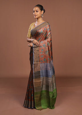 Rust Handloom Tussar Pure Silk Saree With Blouse Piece