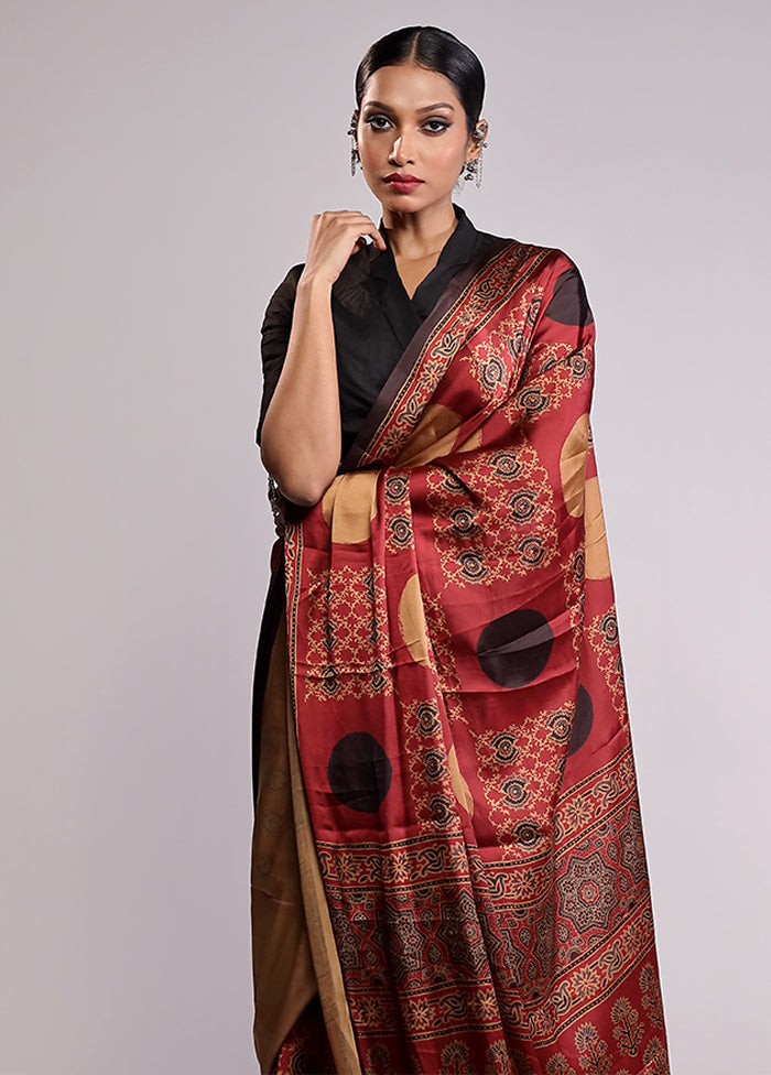 Maroon Printed Silk Saree Without Blouse Piece