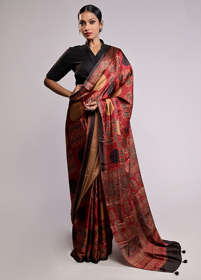 Maroon Printed Silk Saree Without Blouse Piece