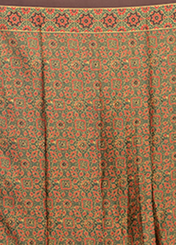 Green Printed Silk Saree Without Blouse Piece