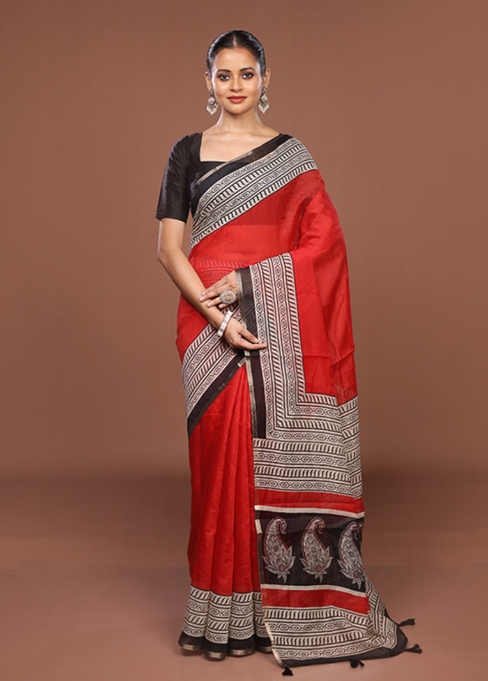 Red Dupion Silk Saree With Blouse Piece
