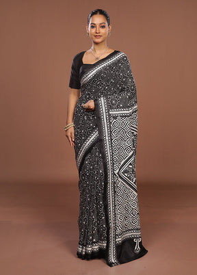 Black Handloom Kantha Stitch Pure Silk Saree With Blouse Piece