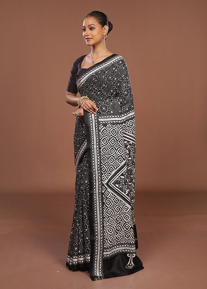 Black Handloom Kantha Stitch Pure Silk Saree With Blouse Piece