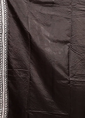 Black Handloom Kantha Stitch Pure Silk Saree With Blouse Piece