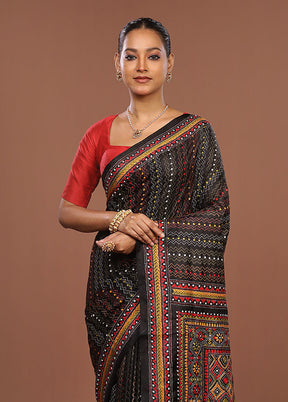 Black Handloom Kantha Stitch Pure Silk Saree With Blouse Piece