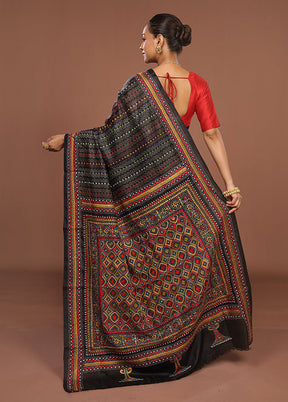 Black Handloom Kantha Stitch Pure Silk Saree With Blouse Piece