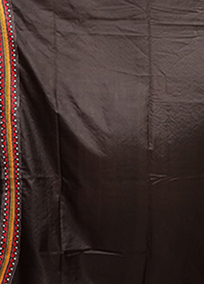 Black Handloom Kantha Stitch Pure Silk Saree With Blouse Piece