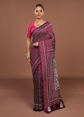 Purple Handloom Kantha Stitch Pure Silk Saree With Blouse Piece