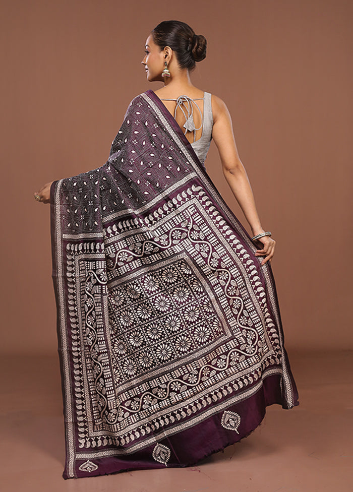 Purple Handloom Kantha Stitch Pure Silk Saree With Blouse Piece