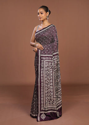 Purple Handloom Kantha Stitch Pure Silk Saree With Blouse Piece