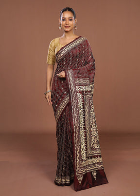 Maroon Handloom Kantha Stitch Pure Silk Saree With Blouse Piece