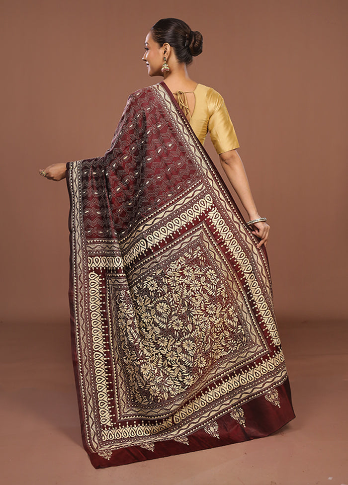 Maroon Handloom Kantha Stitch Pure Silk Saree With Blouse Piece