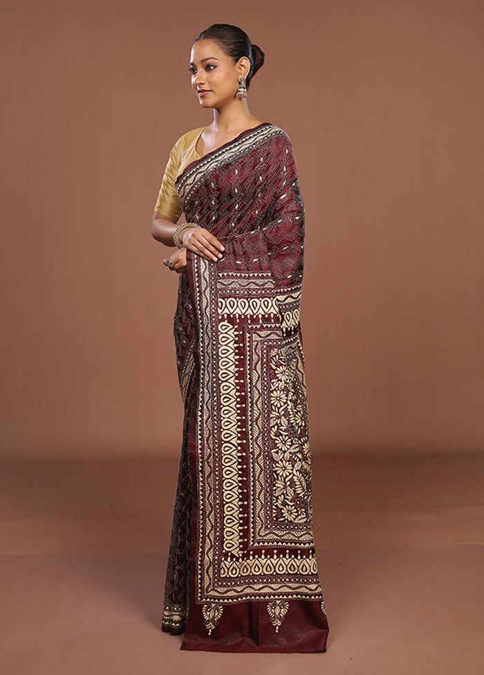 Maroon Handloom Kantha Stitch Pure Silk Saree With Blouse Piece